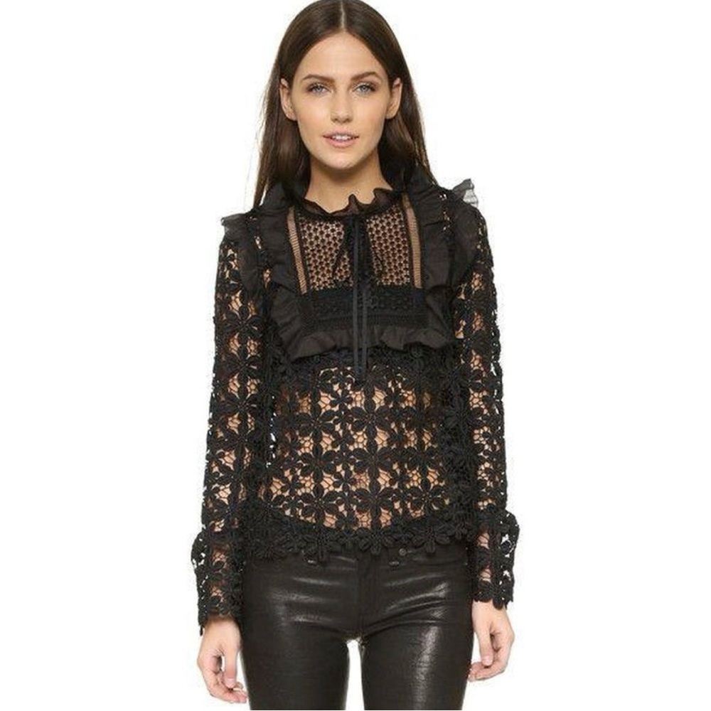 NWOT Self-Portrait Black Crochet Lace Ruffle Blouse